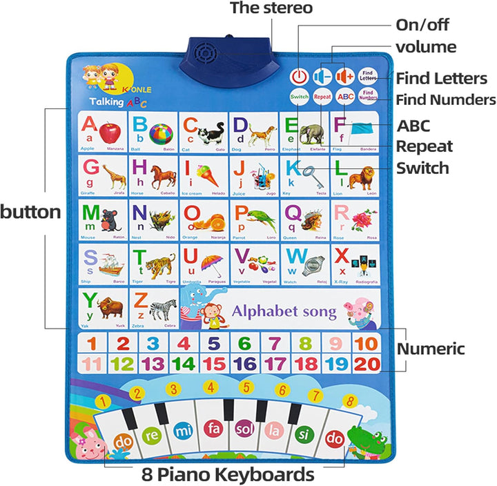 Bildungsspielzeug Spanisch Englisch Wanddiagramm Klavier Musik Plakat Zahlen 1-20 Kinder Montessori