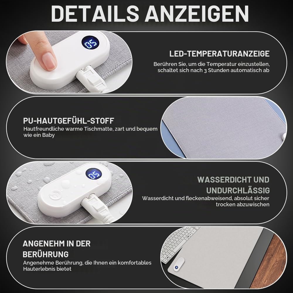 Beheizte Schreibtischunterlage, 80x33cm Beheiztes Mauspad mit 3 Heizstufen &amp; 3H Abschaltautomatik un