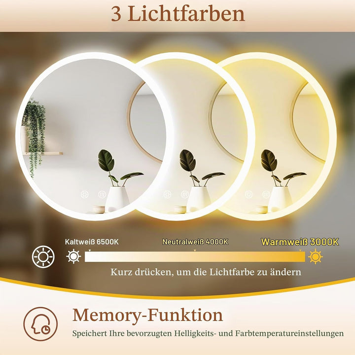Clevich Badspiegel mit Beleuchtung rund 60 cm, LED Spiegel mit 3 Lichtfarben dimmbar, gehärtetes Gla
