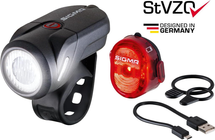 SIGMA Aura 35 und NUGGET II | spritzwassergeschütztes Fahrradlichter Set | StVZO zugelassenes, akkub