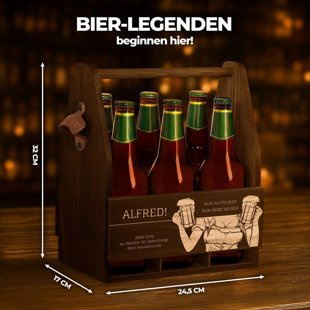 Murrano Bierträger für 6 Flaschen 0,5L mit Gravur - Männerhandtasche mit Flaschenöffner - Grösse: 25