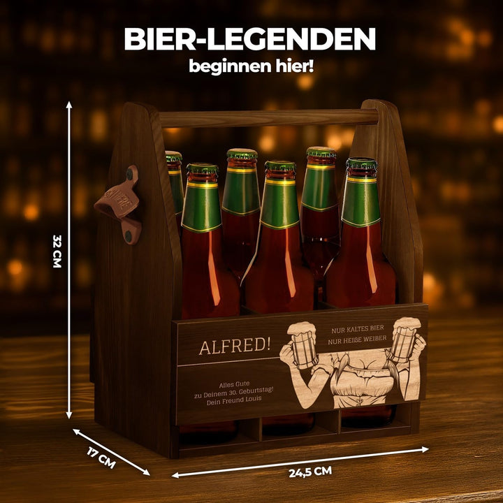 Murrano Bierträger für 6 Flaschen 0,5L mit Gravur - Männerhandtasche mit Flaschenöffner - Grösse: 25