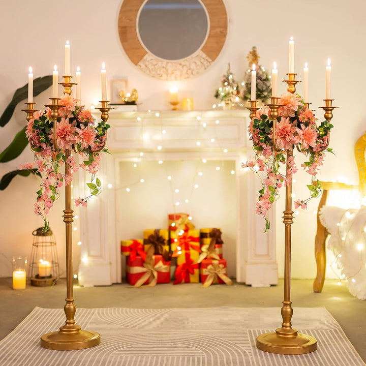 Sziqiqi 124cm Gold Kerzenständer Metall 2er Set, Moderne Kerzenleuchter 5-armig Candle Holder Tischd