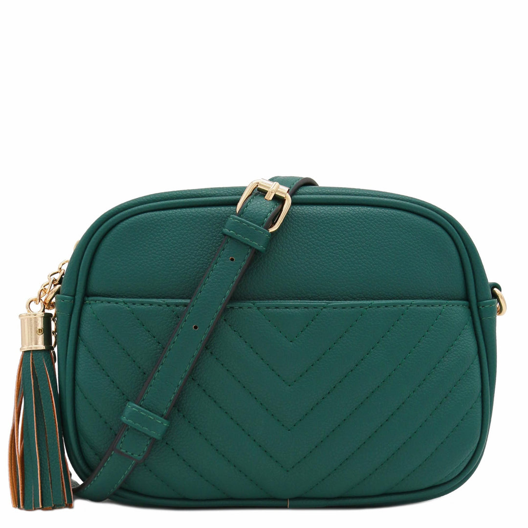 FashionPuzzle Chevron gesteppte Crossbody-Kameratasche mit Kettenriemen und Quaste Dark Teal, Dark T