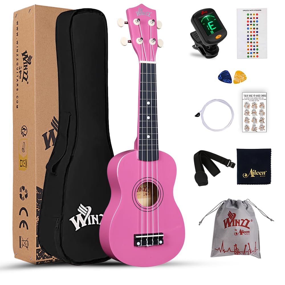 Winzz Sopran Ukulele Starter Kit für Anfänger mit Tasche, Clip-On Tuner, Zusätzlichen Saiten, Gurt,
