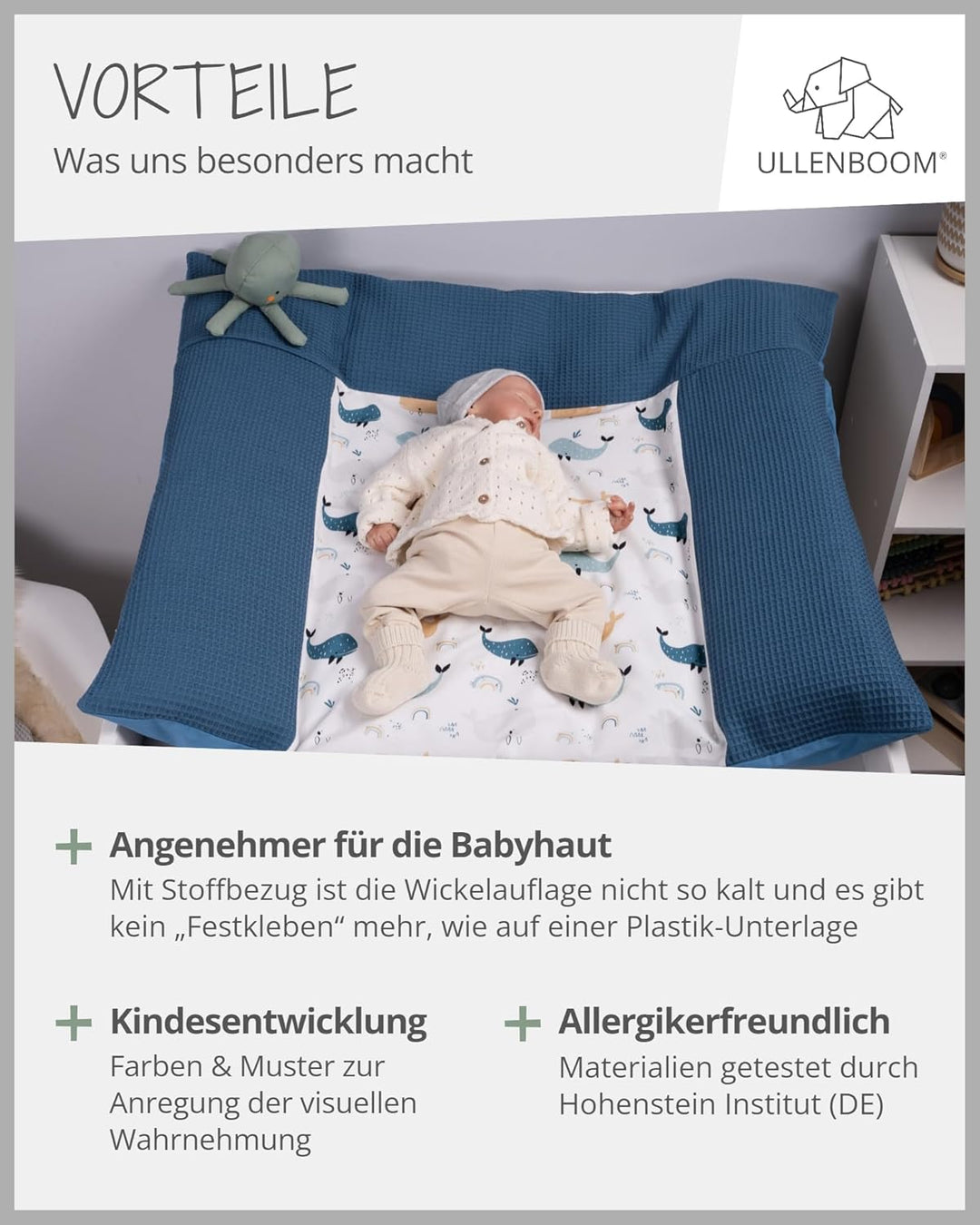 ULLENBOOM Wickelauflagenbezug 75x85 cm Blau-Wale (Made in EU) - abnehmbarer Bezug für Wickelauflage
