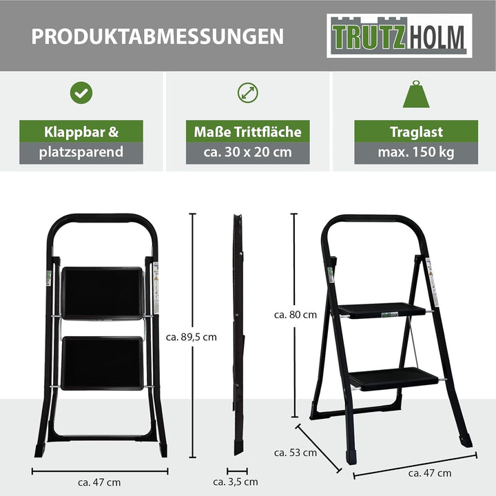 TRUTZHOLM Trittleiter 2 oder 3 Stufen klappbar TÜV/GS Zertifiziert 150 kg Klappleiter Anti-Rutsch Tr