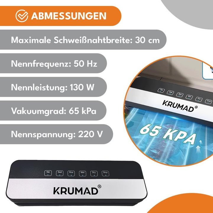 Vakuumiergerät 130W, Vakuumierer für Lebensmittel, 5 Modi, Inkl. 10 Vakuumbeutel 25x20cm, 65kPa Foli