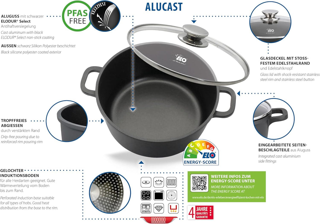 ELO Alucast Kochtopf 16 cm mit Glasdeckel, aus hochwertigem Aluminiumguss - hochwertig, antihaftbesc