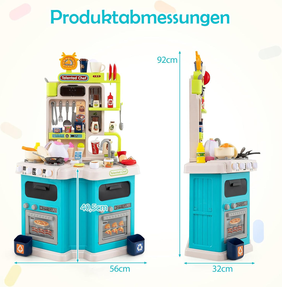 COSTWAY Kinderküche mit 113 Zubehör, Eck-Spielküche mit Licht, Sound & Dampf, Kinder Küche mit Kochh