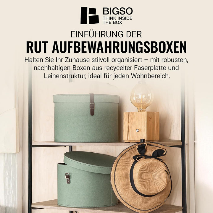 BIGSO RUT 2er-Set Aufbewahrungsbox mit Deckel – runde Ordnungsbox mit Lederriemen – grosse und klein