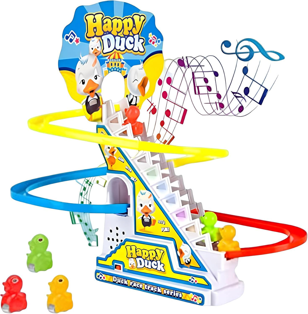 Spielzeugbahn zum Treppensteigen mit Lichtern und Geräuschen, helle Musik, fröhliche Laufstrecke, En