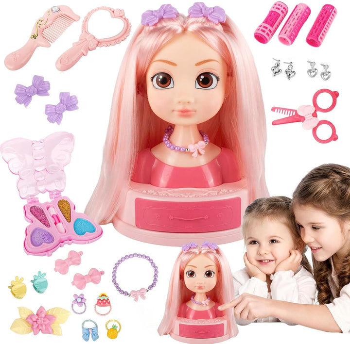 Mädchen Beauty-Salon Set | Puppenkopf Styling-Set mit Schmink-Kosmetik - Styling Spielzeug Set Mit O