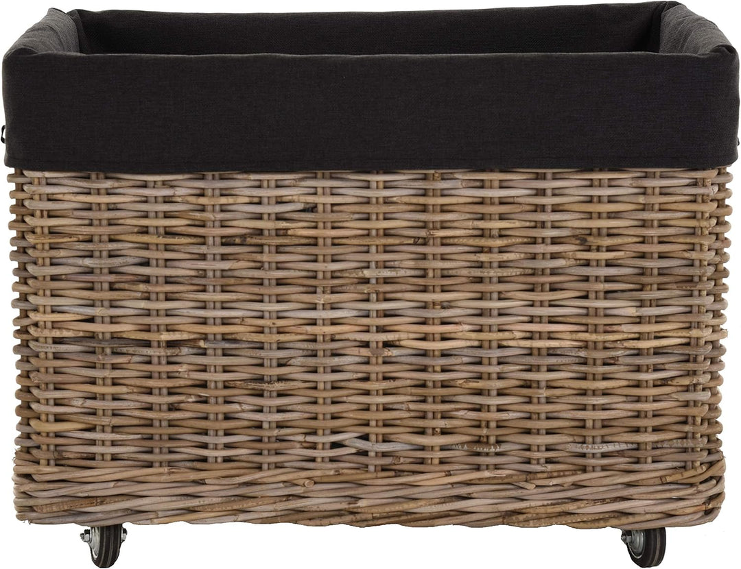 Grosser Rollkorb mit Griffen/Holzkorb mit Rollen aus grauem Natur Rattan/Aufbewahrung Holz-Wagen Räd