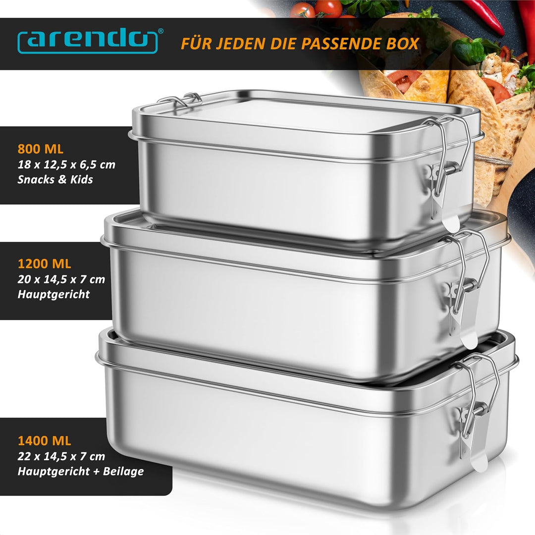 Arendo - Lunchbox Edelstahl – Brotdose 1400 ml – mit Fächern – zwei entnehmbare Trennwände - auslauf