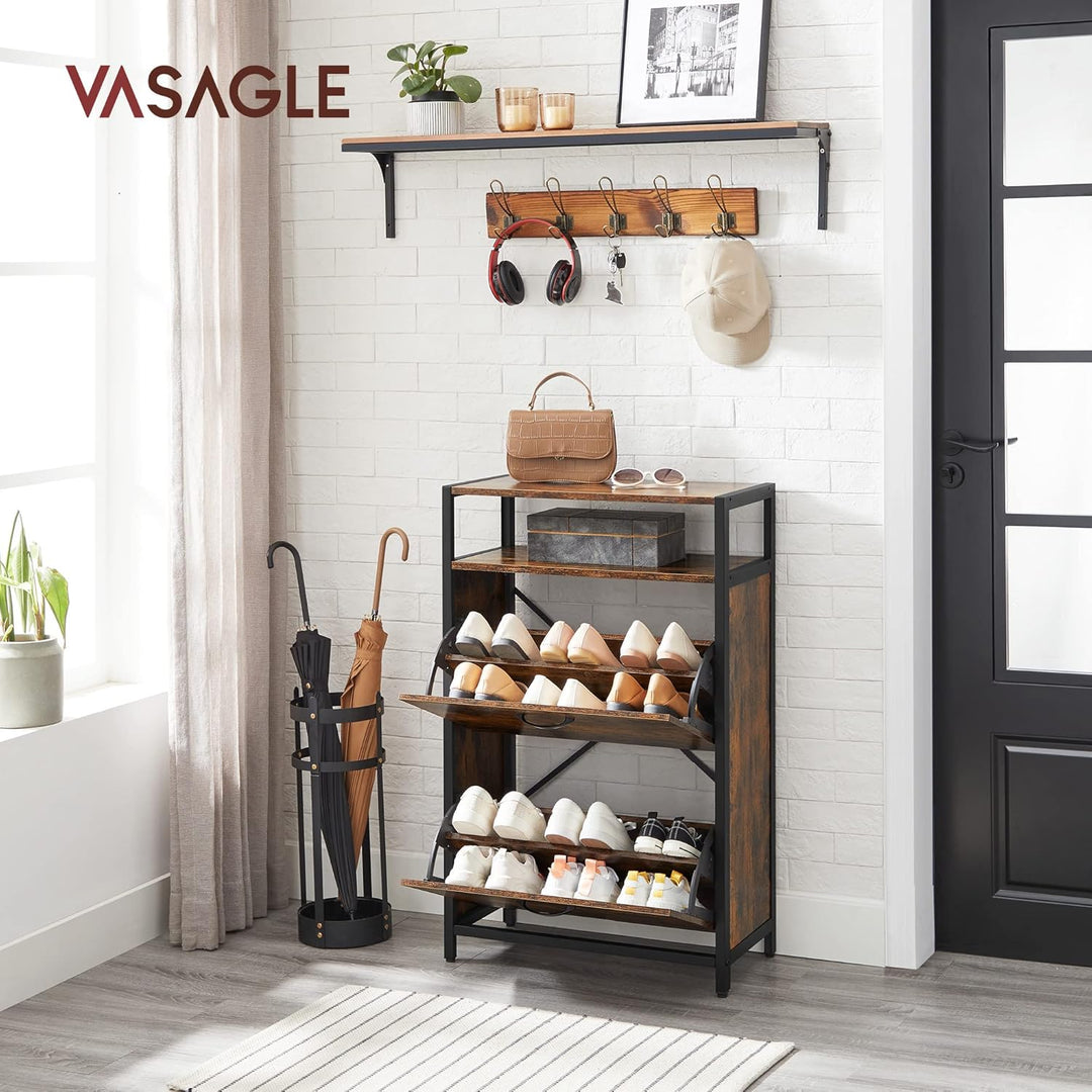VASAGLE Schuhschrank, schmales Schuhregal, Schuhkipper mit 2 Klappen, für 8-12 Paar Schuhe, platzspa