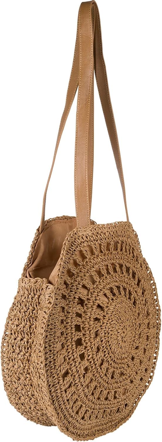 styleBREAKER Damen Runde Schultertasche aus geflochtenem Papierstroh, Henkeltasche, Reissverschluss,