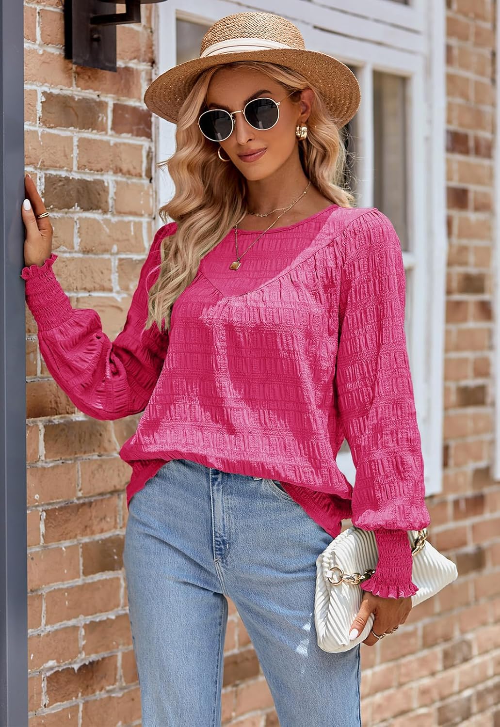 ANCAPELION Damen Elegant Bluse Weiss Chiffon Bishop Langarm Rundhals Tunika Tops Casual Lose Einfarb