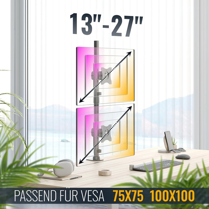 RICOO Dual Monitor Halterung Übereinander Tisch, VESA Tischhalterung für 13-27 Zoll, Monitorhalterun