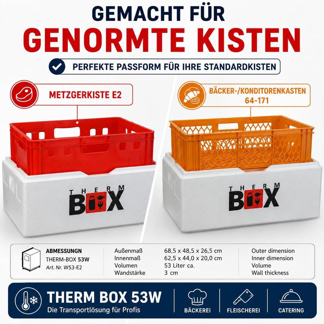 THERM BOX 53W Styroporbox 53 Liter für E2 Kiste Innen 62,5x44x20cm Wandstärke 3cm Thermobox Isolierb