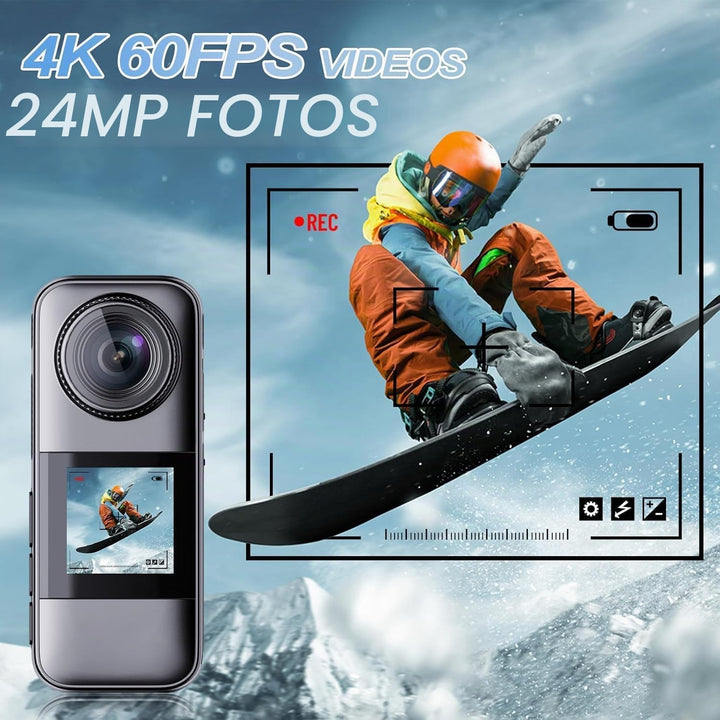 Xilecam Dual Screen Action Cam 4K 60FPS 2,2”-HD-Touchscreen, wasserdichte Kamera mit Antishake Helmk