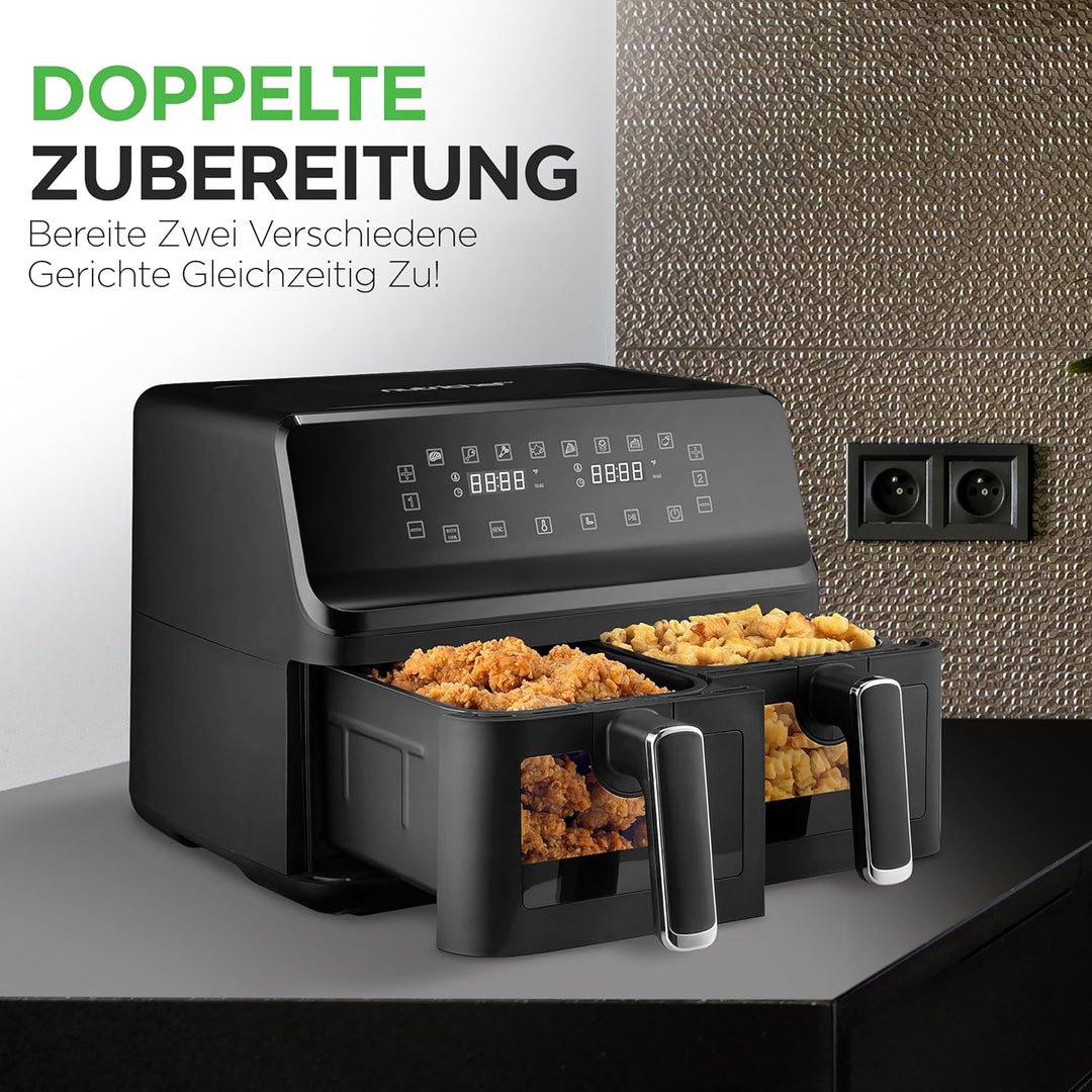 NutriChef Heissluftfritteuse Airfryer XL – 8L Doppel-Fritteuse mit 2 Körben & 9 Programmen Spülmasch