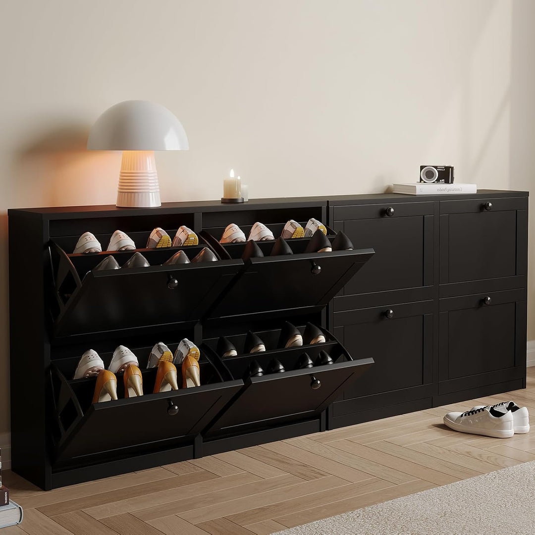 VOWNER Schuhschrank Schuhkipper Schmal 105x24x80cm (Schwarz) | Schuhregal mit 4 Klappen, 8 Fächern,