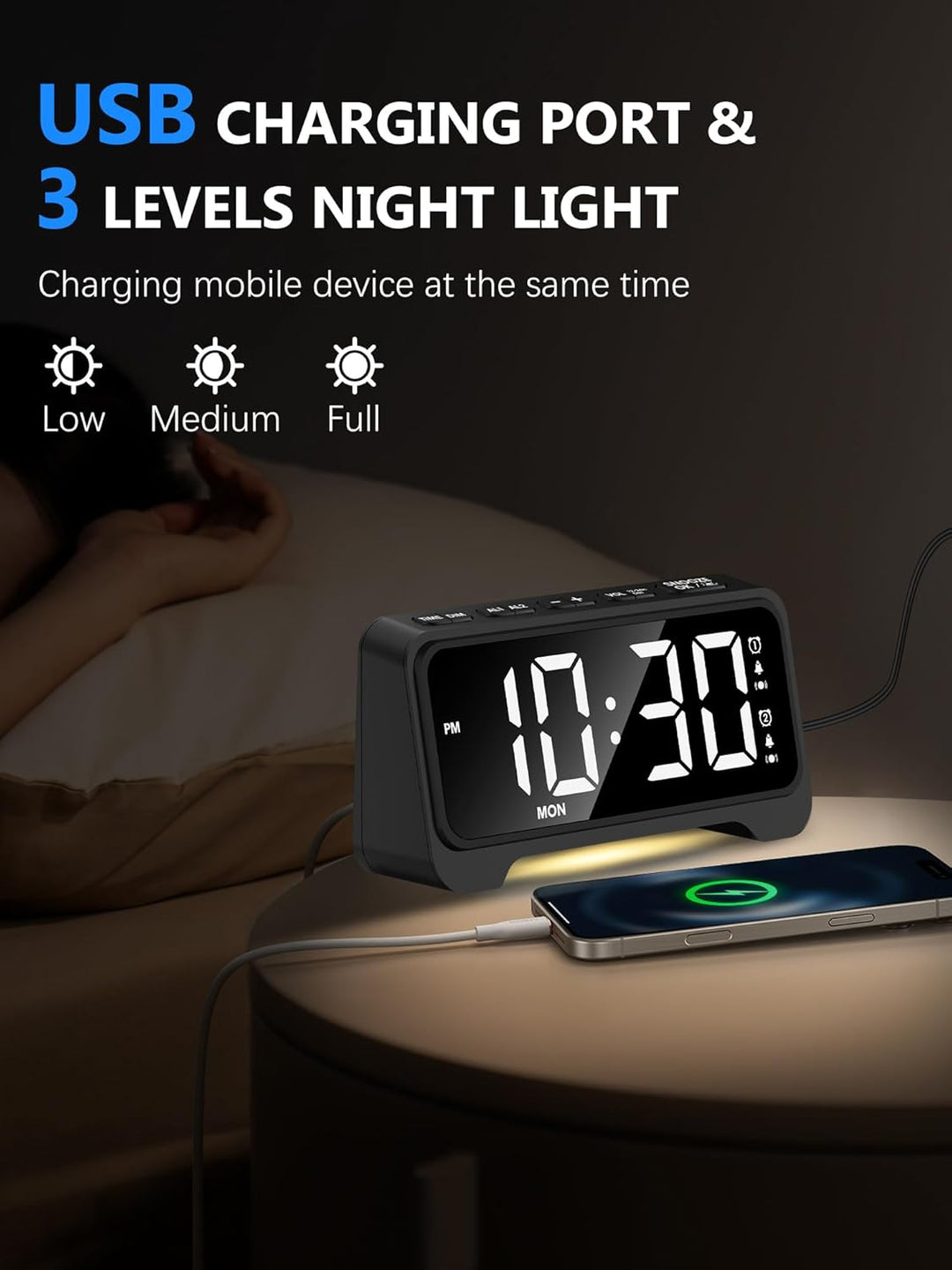 Mesqool Vibrationswecker, Lauter Wecker für Tiefschläfer, Digitaler Wecker mit Nachtlicht, Grosses D