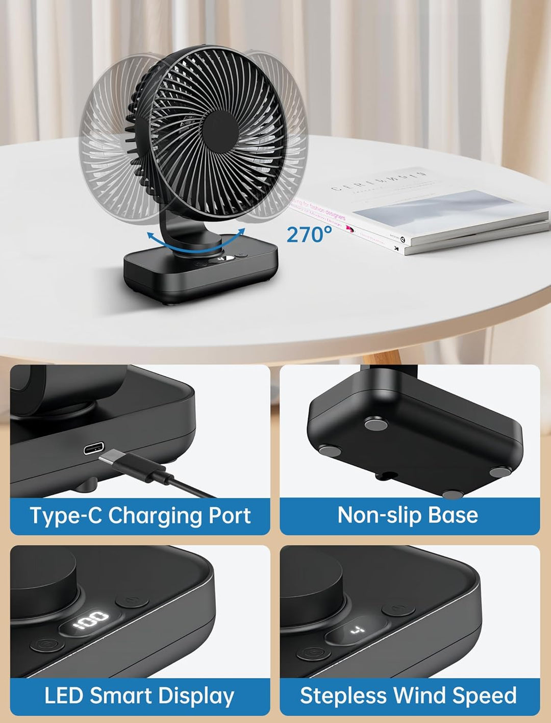 Mini Ventilator Oszillierend Ultra Leise, 4000mAh Akku Klein Tischventilator(4-13h), 4 Geschwindigke