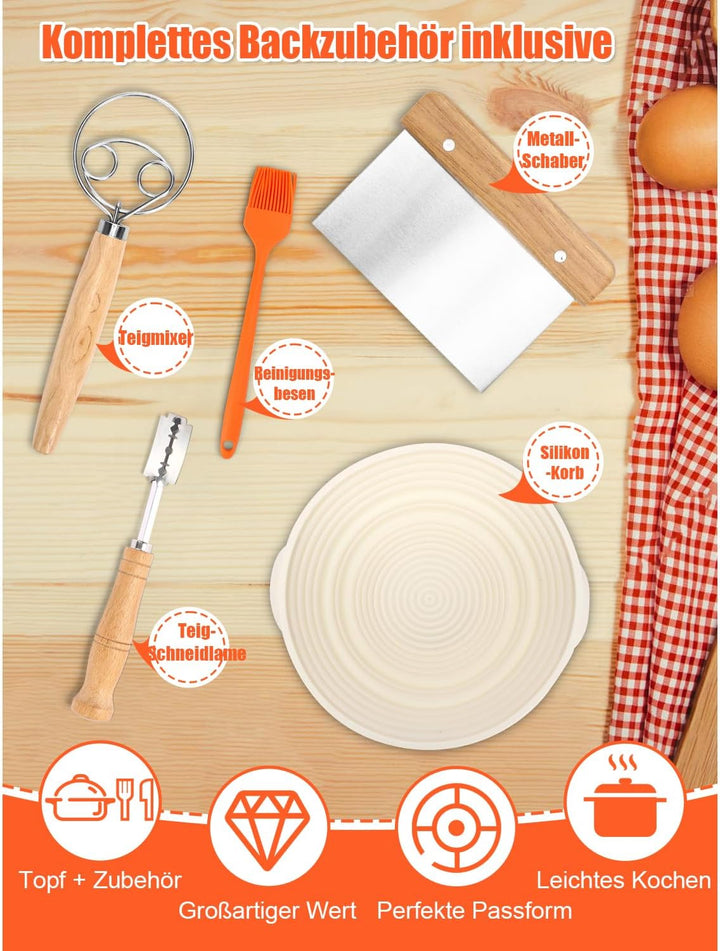 GFTIME Gusseisen Topf Brot Backen, Schmortopf Gusseisen Topf mit Deckel, Dutch Oven Brotbacktopf mit