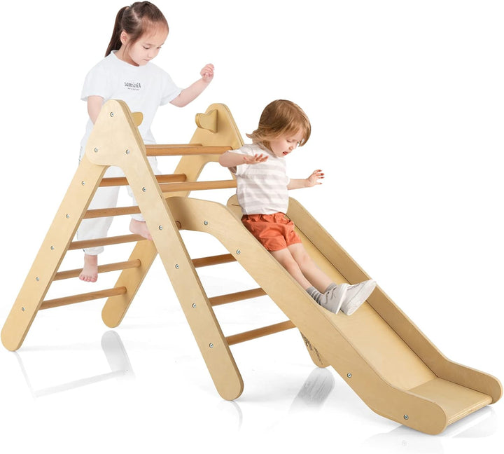 COSTWAY Kletterdreieck mit Rutsche, Klettergerüst aus Holz, Sprossendreieck zum Rutschen und Kletter