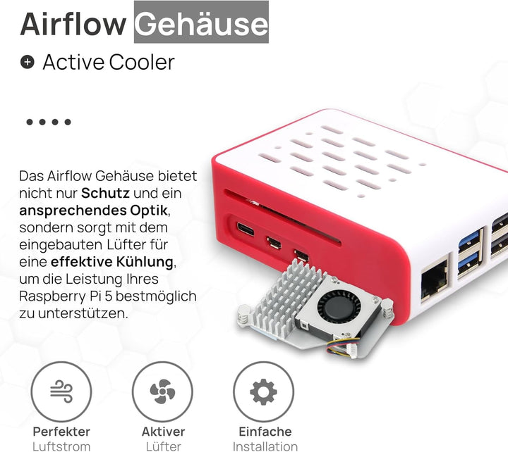 Raspberry Pi 5 2GB Cooler-Kit | 64GB Edition | Offizielles Netzteil 27W | Airflow Gehäuse | Active C