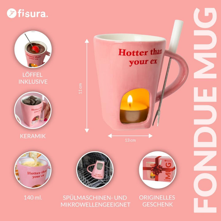Fisura - Fondue Tasse für Schokolade und Käse, rosa Keramiktasse 140 ml mit Gabel, originelles Gesch