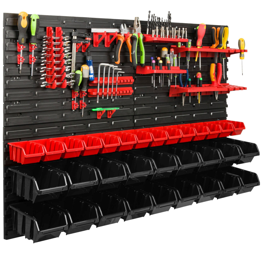 Lagersystem Werkstattregal | 115 x 78 cm | 32 stck. Box | Wandregal mit Werkzeughalterungen und Stap