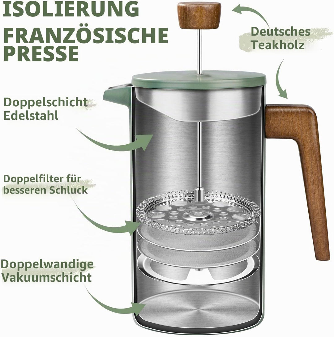 French Press Thermo Kaffeebereiter 1 Liter/8 Tassen, Edelstahl, grüne aus Echtholz, doppelwandig, is