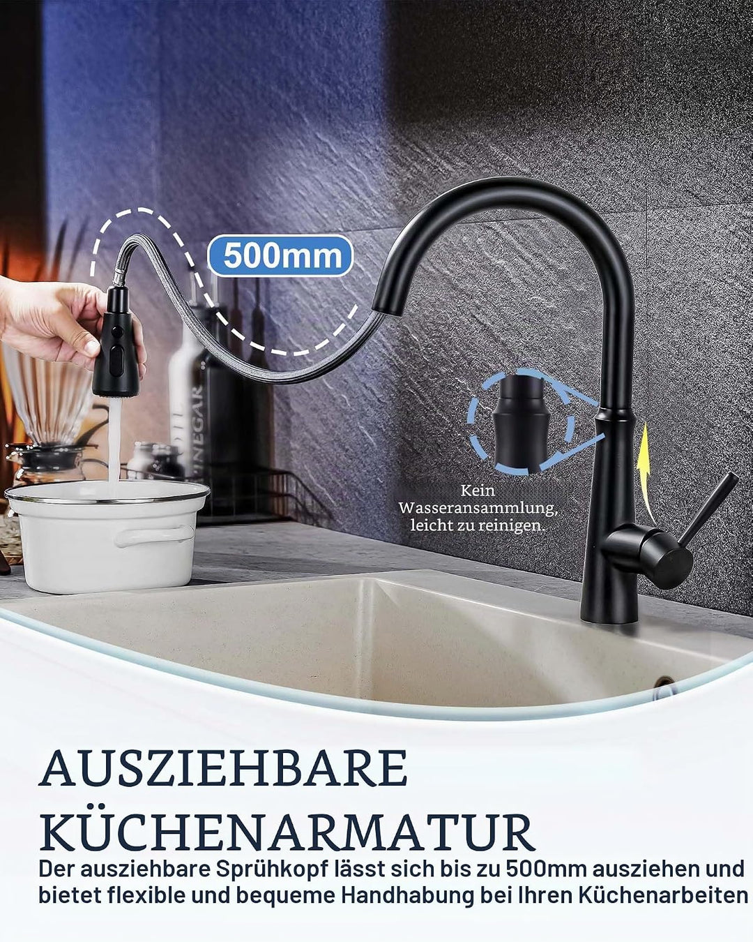 Wasserhahn Küche Schwarz, Hochdruck Küchenarmatur Ausziehbar, 360° Schwenkbar Armatur Küche Mischbat