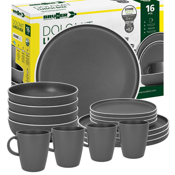 BRUNNER: Melamin Geschirr-Set Camping | 16-Teilig - Teller & Kaffe-Becher für 2-4 Personen | DOLOMIT