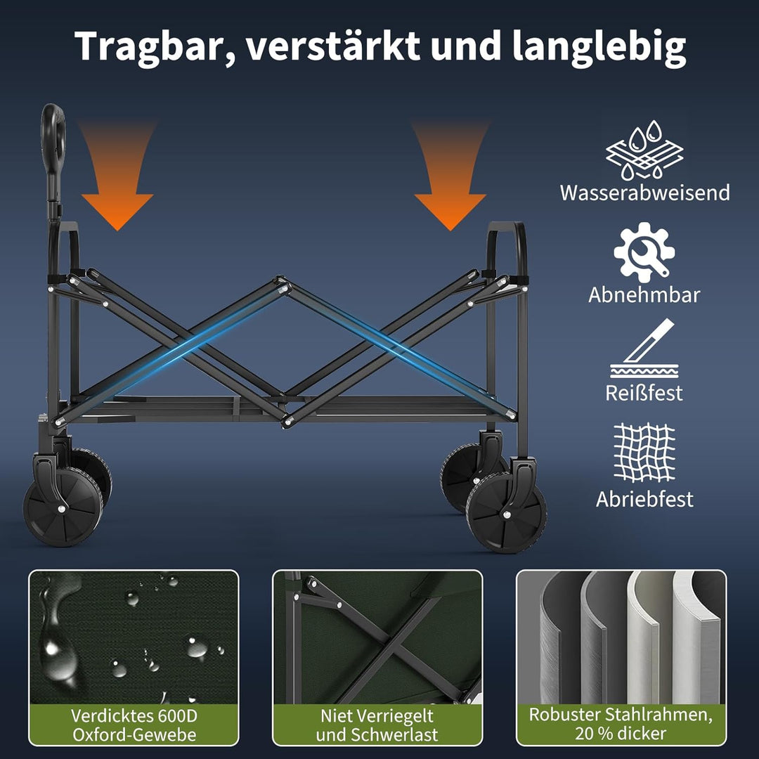 220L Faltbarer Outdoor Bollerwagen – Robuster Campingwagen mit Teleskopgriff, Getränkehaltern, gross