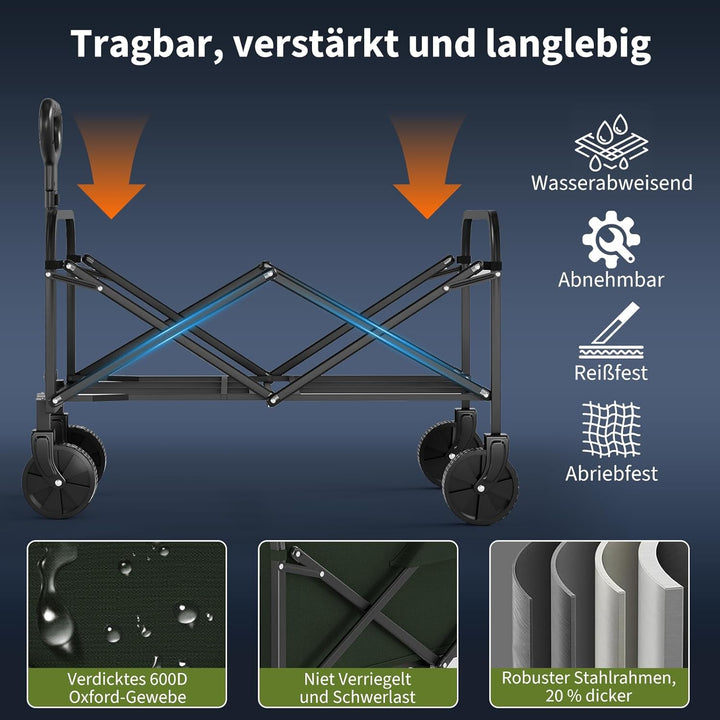 220L Faltbarer Outdoor Bollerwagen – Robuster Campingwagen mit Teleskopgriff, Getränkehaltern, gross