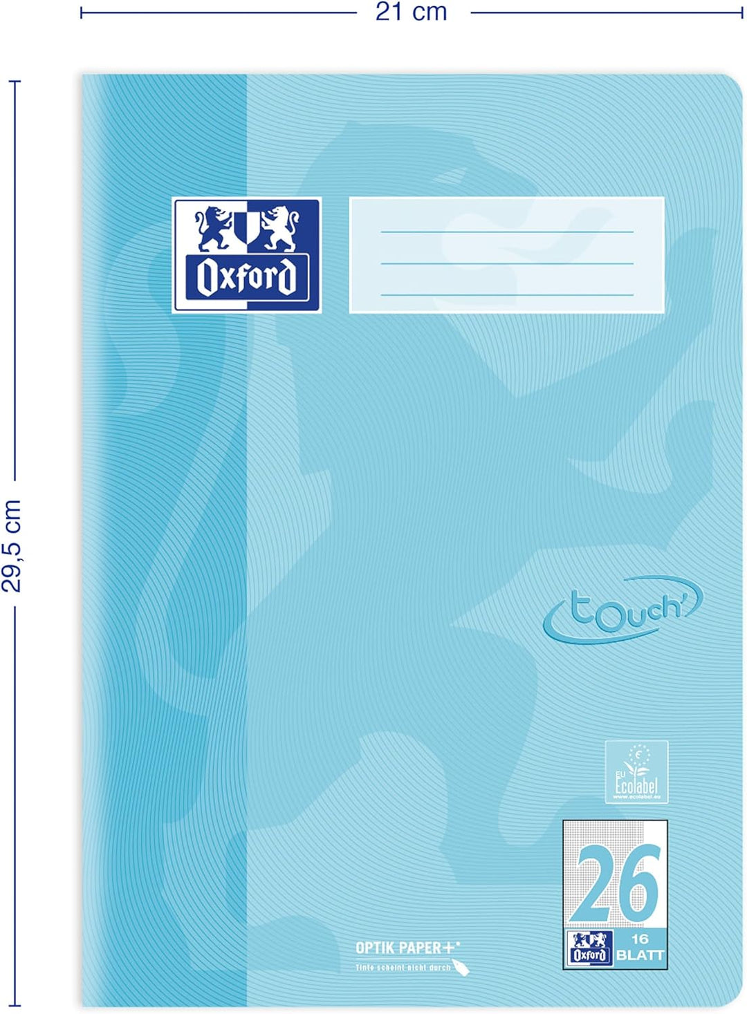 Oxford Schulheft A4 Touch, 16 Blatt, Lineatur 26, kariert, pastell blau, 15 Stück, Lineatur 26