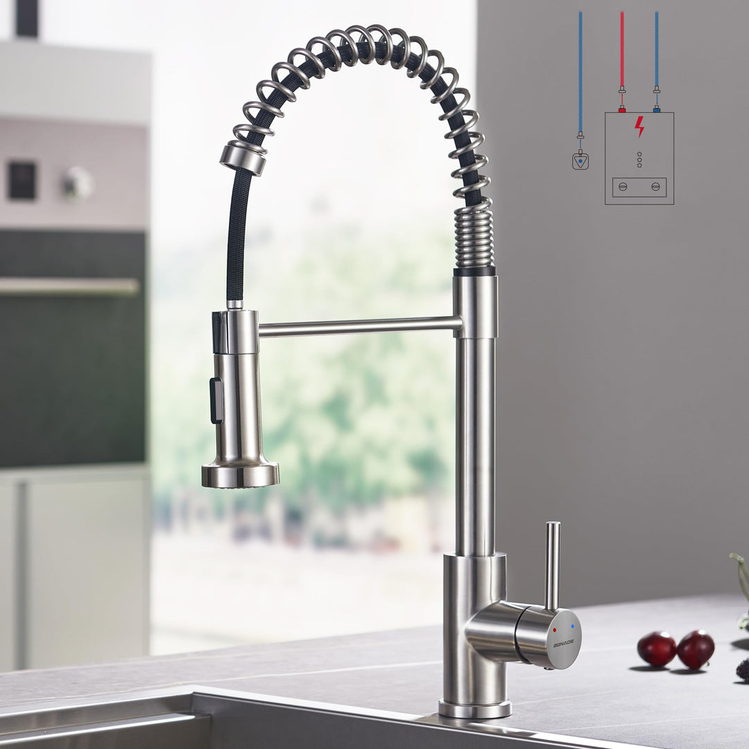 BONADE Niederdruck Armatur Küche Ausziehbar, Spiralfederarmatur mit Brause, 360° Drehbar Wasserhahn