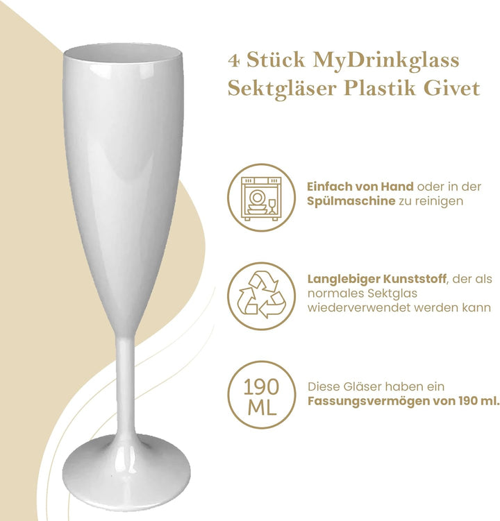 MyDrinkglass Sektgläser Plastik Givet | Weiss Champagner Gläser | 4 Stück | Kunststoff Gläser | Camp