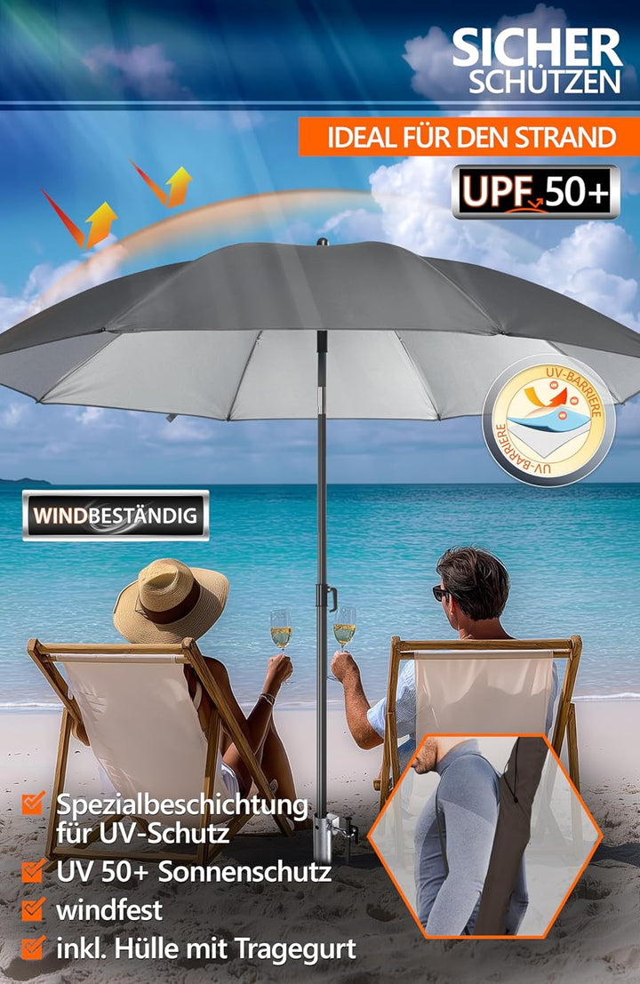 4smile Sonnenschirm Strand 3-IN-1-SET Ø 160 cm, Strandschirm Windfest Stabil mit Eindrehbodenhülse &