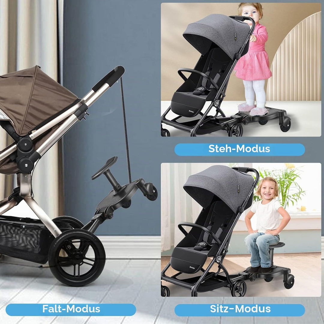 Buggy Board mit Sitz, FNRIDS Trittbrett für Kinderwagen Universal,mit Aufhängegurt, stabiles Two Whe