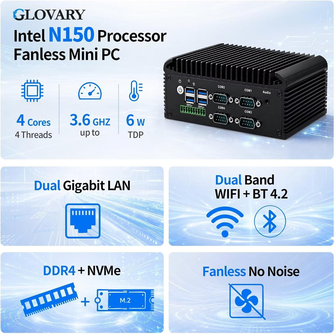Fanless Mini PC N150 (N100 Upgrade), DDR4 8GB RAM 128GB NVMe SSD, 2 LAN 4 COM Lüfterlos Industrie PC