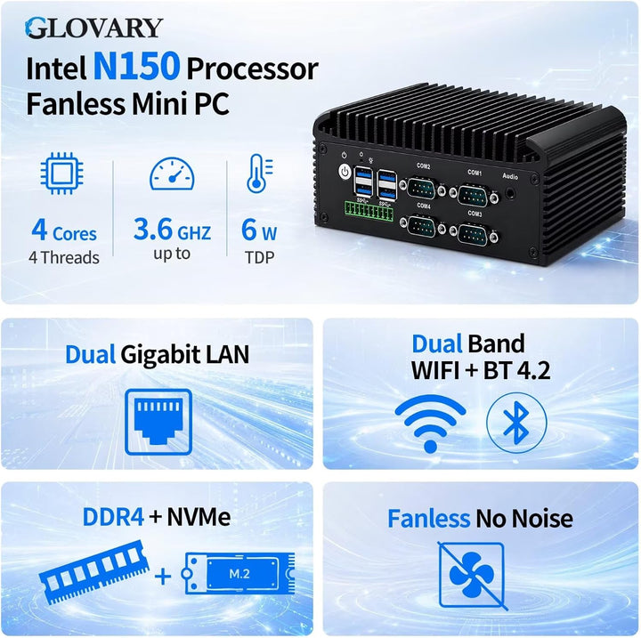 Fanless Mini PC N150 (N100 Upgrade), DDR4 8GB RAM 128GB NVMe SSD, 2 LAN 4 COM Lüfterlos Industrie PC