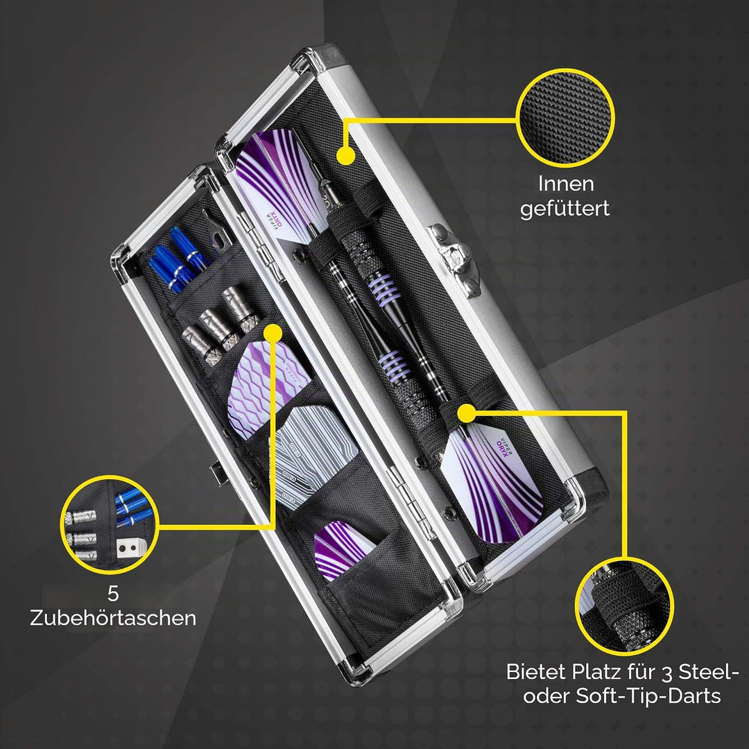Casemaster Accolade Aluminium-Dartkoffer für 3 Stahlspitzen und weiche Dartpfeile. Schlankes Profil