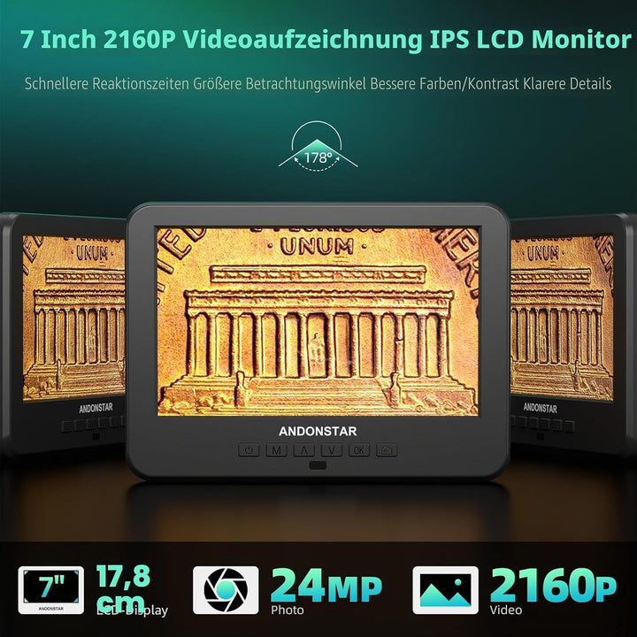 Andonstar AD246S-M Plus 7'' HDMI-Lötdigitalmikroskop für Elektronikreparaturen, 2000x 3 Linsen 2160P