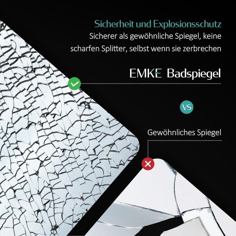 EMKE Badspiegel mit Beleuchtung 50x70cm mit Touch, Antibeschlag, Einstellbare Helligkeit, Speicherfu