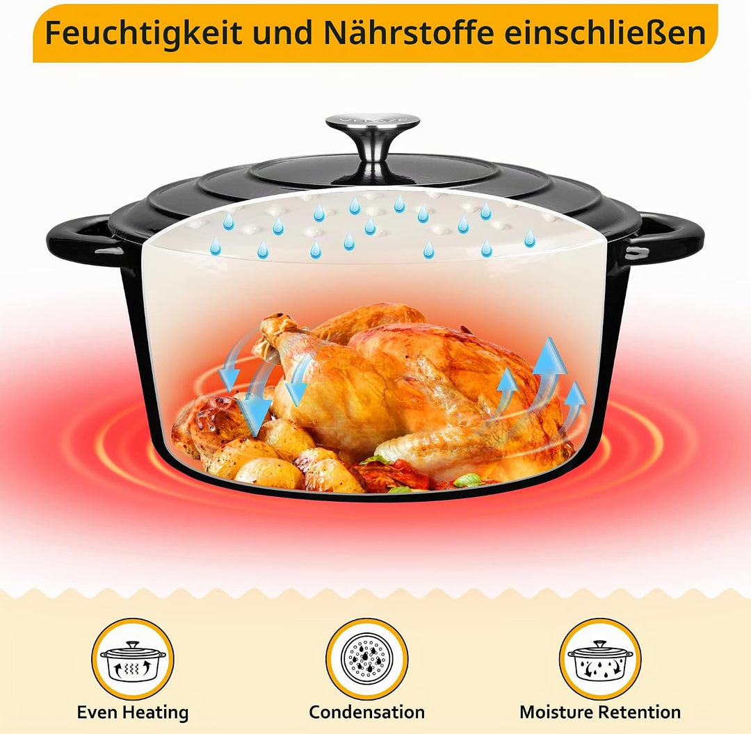 Velaze Gusseisen Topf 29cm, 6.5L Schwarz Gusseisen Bräter mit Deckel, Hochwertiger Emaille Topf Gros
